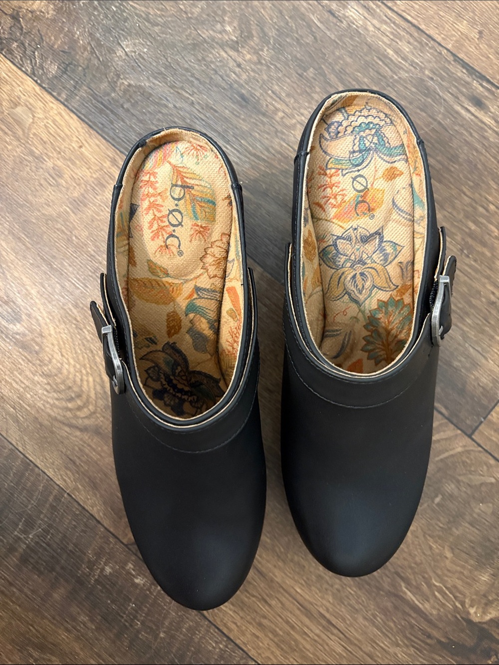 boc Black Leather Clogs with Brown Wood-Look Heel and Buckle - Picture 8 of 14